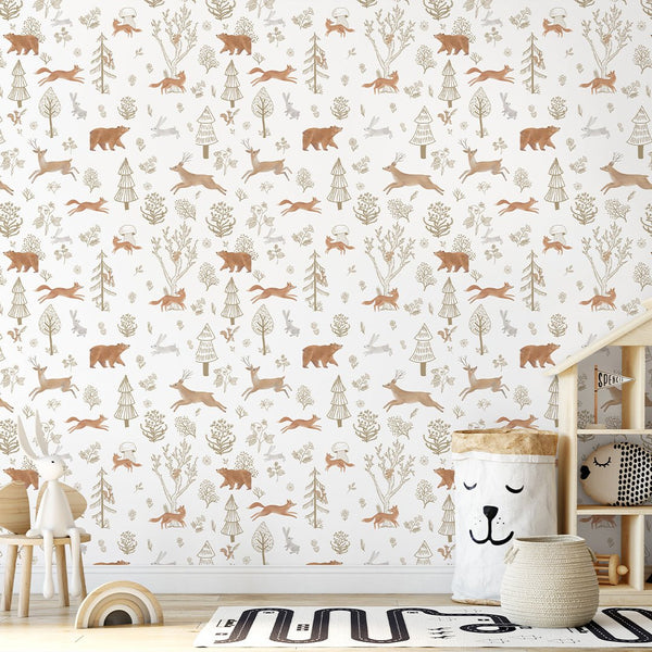 Beige Brown Forest Animals Wallpaper S055 - CostaCover - Peel and stick Removable Wallpaper - accent wallpaper - adhesive wallpaper - animal print