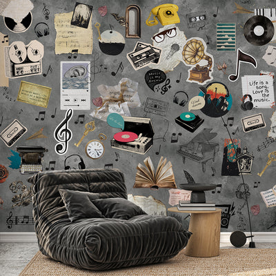 Gray Vintage Music Collage Wall Mural SM108