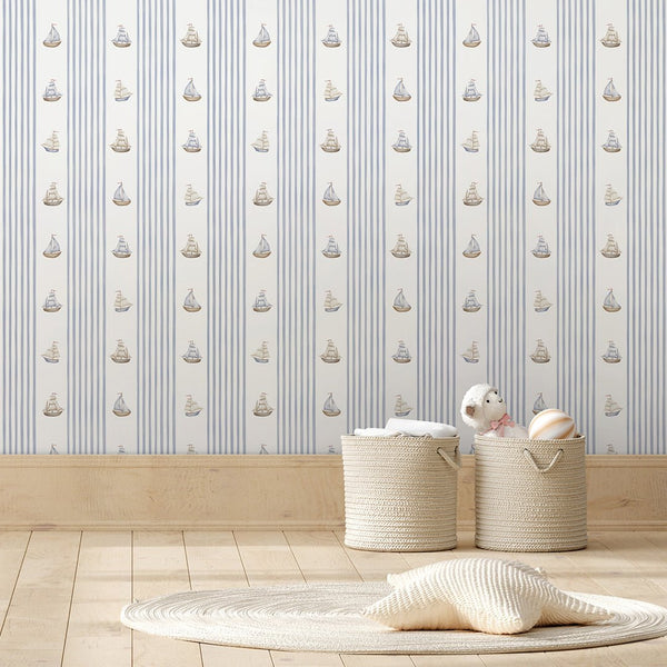 Blue Stripes & Sailboats Wallpaper A069 - CostaCover-Peel and stick Removable Wallpaper-abstract wall art-abstract wallpaper-accent wallpaper