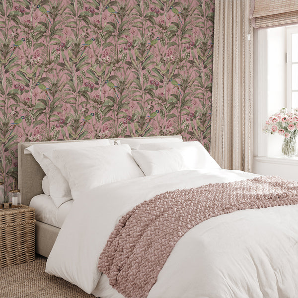 Vintage botanical wallpaper featuring green parrots, banana leaves, tropical plants and floral details for a bedroom or living room accent wall.