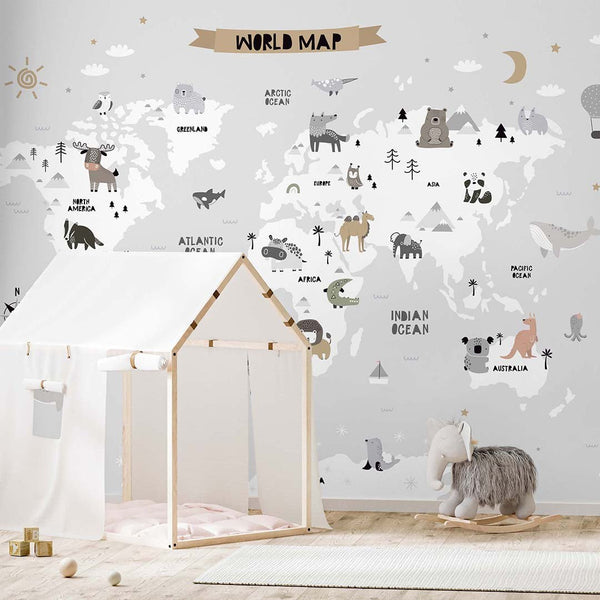 Gray World Map With Animals Wall Mural AM114 - CostaCover - Peel and stick Removable Wallpaper - accent wallpaper - adhesive wallpaper - animal print