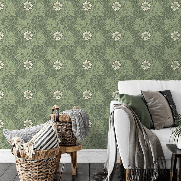 Green Marigold by Morris Wallpaper W126 - CostaCover - Peel and stick Removable Wallpaper - abstract floral - abstract wall art - abstract wallpaper