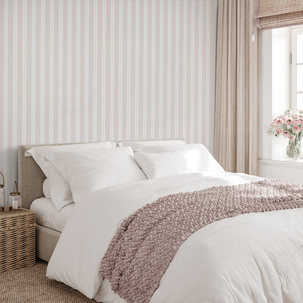Neutral vertical stripe wall mural with soft beige panels and delicate linear detailing for a refined modern farmhouse bedroom or nursery interior.