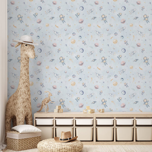 Pastel Blue Astronauts & Rockets Wallpaper S122 - CostaCover-Peel and stick Removable Wallpaper-accent wallpaper-adhesive wallpaper-baby bedroom