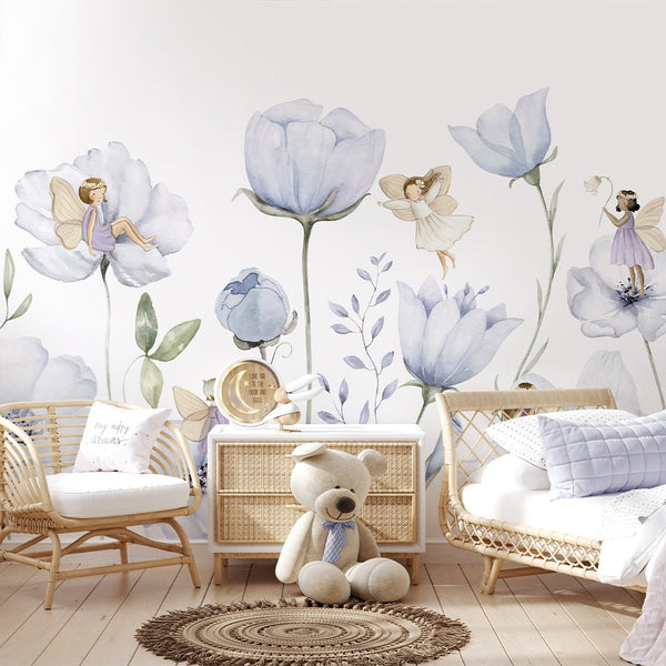 Blue Flower Fairy Wall Mural SM050 - CostaCover - Peel and stick Removable Wallpaper - accent wallpaper - adhesive wallpaper - baby bedroom