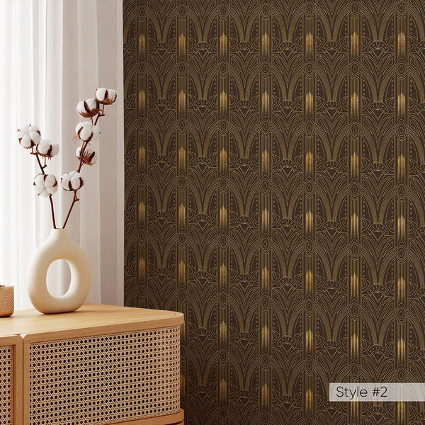 Blue Brown Gold Art Deco Wallpaper CC320 - CostaCover - Peel and stick Removable Wallpaper - Abstract Beige Gold Stripes Waves Removable Wallpaper near me - accent wallpaper - adhesive wallpaper