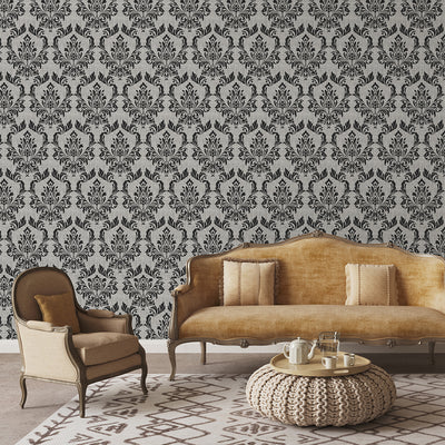 Black Gray Damask Wallpaper A028