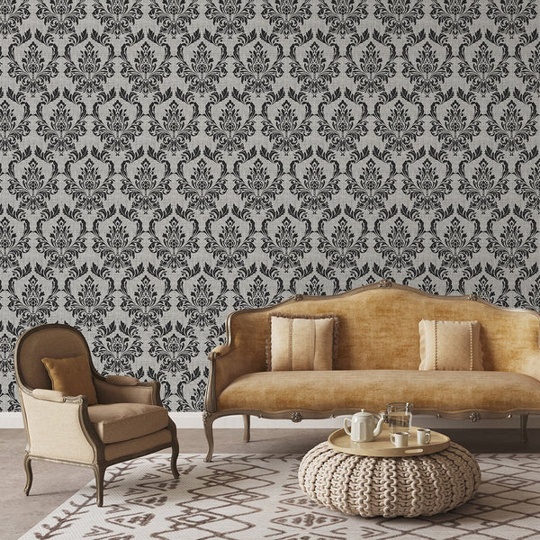 Black Gray Damask Wallpaper A028 - CostaCover - Peel and stick Removable Wallpaper - accent wallpaper - adhesive wallpaper - art deco bathroom