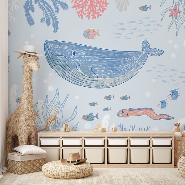 Blue Pink Drawing Whale Wall Mural SM056 - CostaCover - Peel and stick Removable Wallpaper - abstract wall art - accent wallpaper - adhesive wallpaper