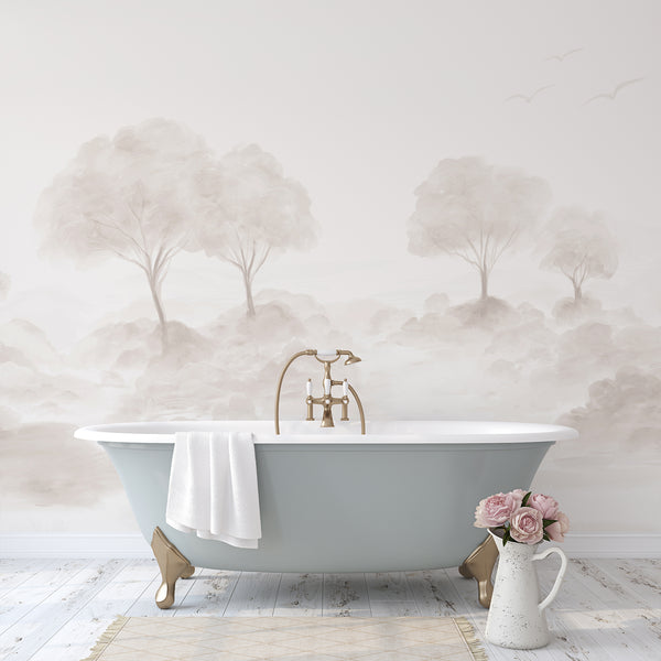 Neutral nature wall mural featuring softly painted trees, layered foliage and subtle birds in beige and greige tones for minimalist home decor.