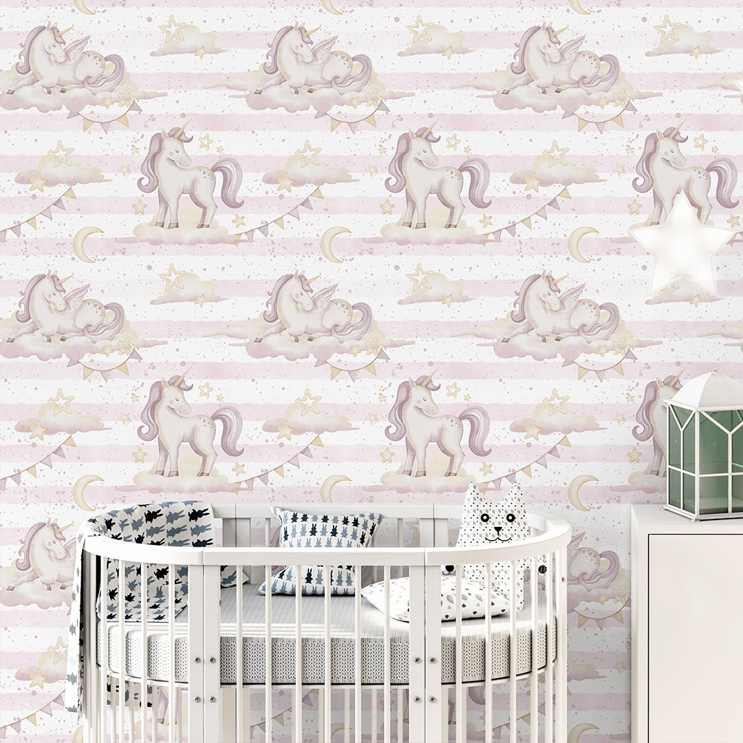 Pink Unicorns & Stripes Wallpaper A040