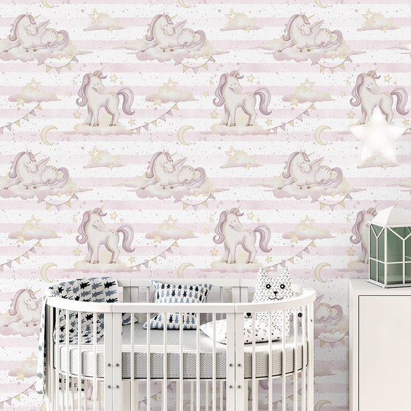 Pink Unicorns & Stripes Wallpaper A040 - CostaCover-Peel and stick Removable Wallpaper-accent wallpaper-adhesive wallpaper-baby bedroom