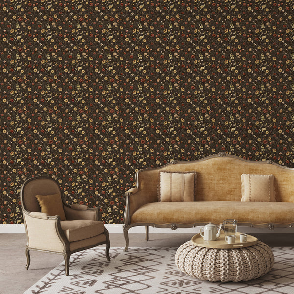 Cottagecore floral wall mural with watercolor wildflowers in rust and buttery yellow set against a rich brown background for a cozy bedroom accent wall.