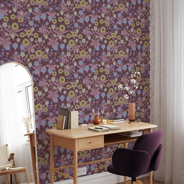 Burgundy Wildflowers by Morris Wallpaper W132 - CostaCover - Peel and stick Removable Wallpaper - abstract floral - abstract wallpaper - accent wallpaper