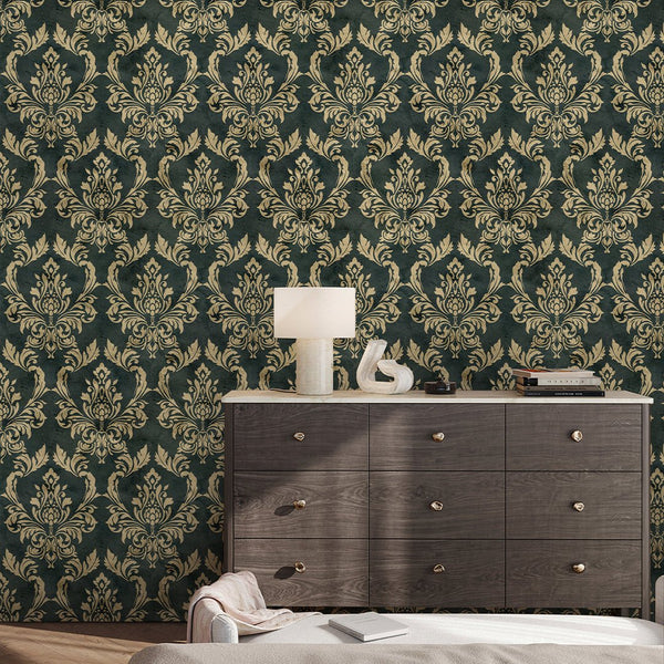 Gold Green Damask Wallpaper A029 - CostaCover - Peel and stick Removable Wallpaper - abstract wallpaper - accent wallpaper - adhesive wallpaper