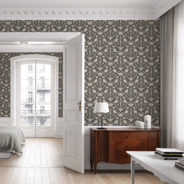 Two-tone floral wallpaper with stylized foliate motifs, perfect for adding depth to cottage-inspired living spaces.