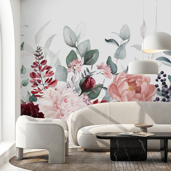 Burgundy Pink Flowers Wall Mural SM023 - CostaCover - Peel and stick Removable Wallpaper - accent wallpaper - adhesive wallpaper - bathroom wallpaper