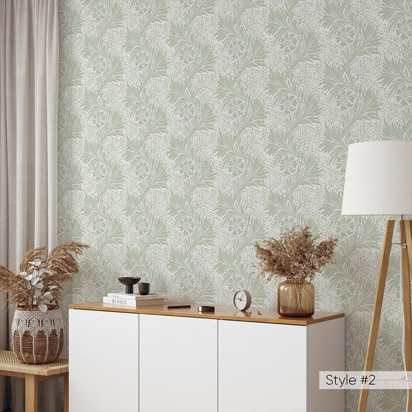 Beige & Green Marigold by Morris Wallpaper W129 - CostaCover - Peel and stick Removable Wallpaper - abstract floral - abstract wallpaper - accent wallpaper
