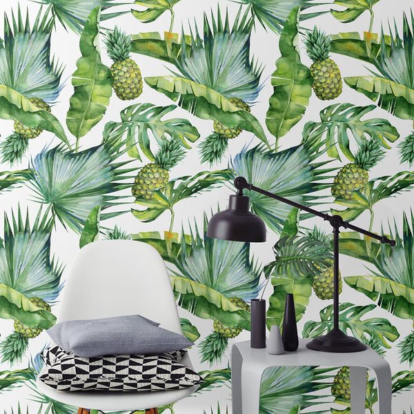 Tropical Leaves & Pineapples Wallpaper CC044 - CostaCover - Peel and stick Removable Wallpaper - bathroom wallpaper - bedroom interior - Colorful Stick on Wall cover for renters