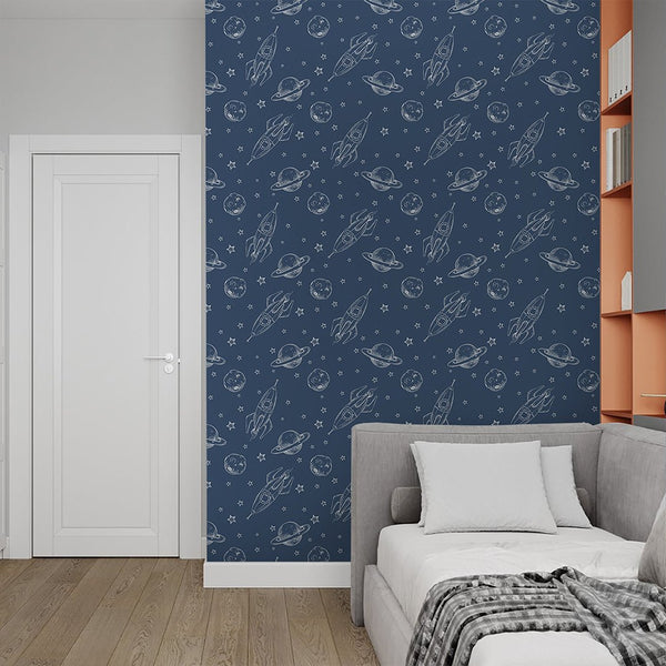 Dark Blue Spaceship & Planet Wallpaper S129 - CostaCover-Peel and stick Removable Wallpaper-abstract wall art-accent wallpaper-adhesive wallpaper