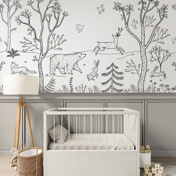 Black & White Forest Animals Wall Mural SM017 - CostaCover - Peel and stick Removable Wallpaper - accent wallpaper - adhesive wallpaper - animal print