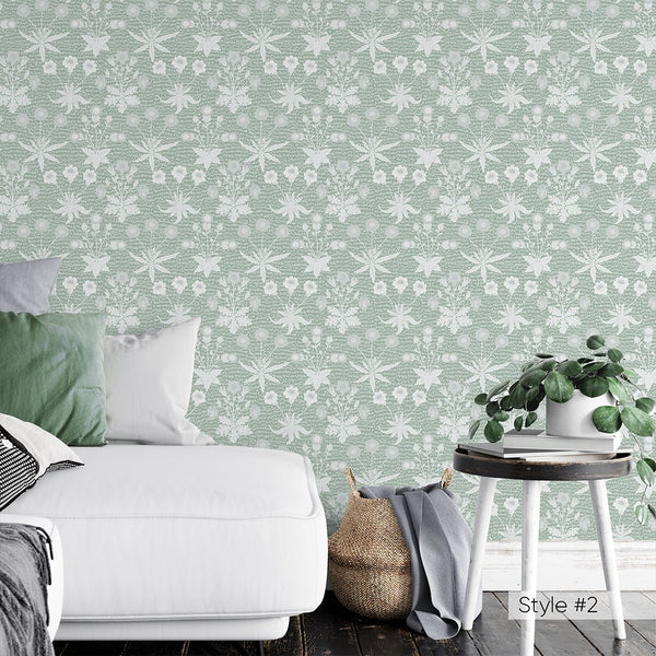 Pink Green Daisy by Morris Wallpaper W131 - CostaCover - Peel and stick Removable Wallpaper - abstract floral - abstract wall art - abstract wallpaper