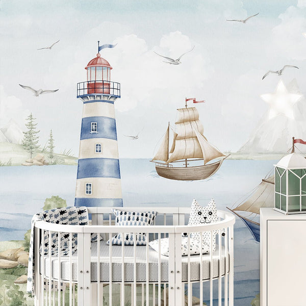 Blue Nautical Lighthouse Wall Mural AM149 - CostaCover-Peel and stick Removable Wallpaper-accent wallpaper-adhesive wallpaper-baby bedroom