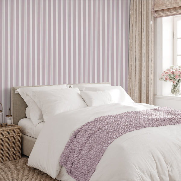 Mauve striped wallpaper with clean white bands and delicate vertical lines, ideal for preppy interiors, nursery walls, or elegant bedroom decor.