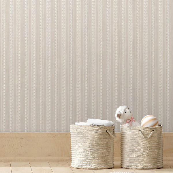 Soft beige and white botanical wallpaper with repeating flower columns and playful wavy stripes, ideal for farmhouse bedrooms and nursery accent walls.