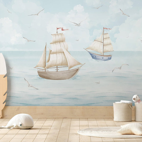 Blue Beige Sailboats Wall Mural AM151 - CostaCover-Peel and stick Removable Wallpaper-Abstract-abstract wallpaper-accent wallpaper