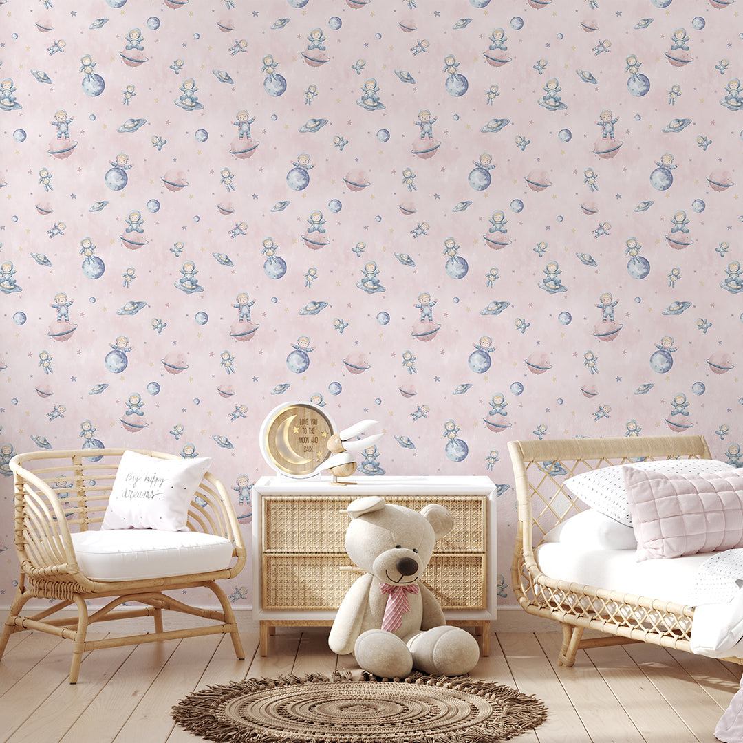 Pastel Pink Astronauts & Planets Wallpaper S132