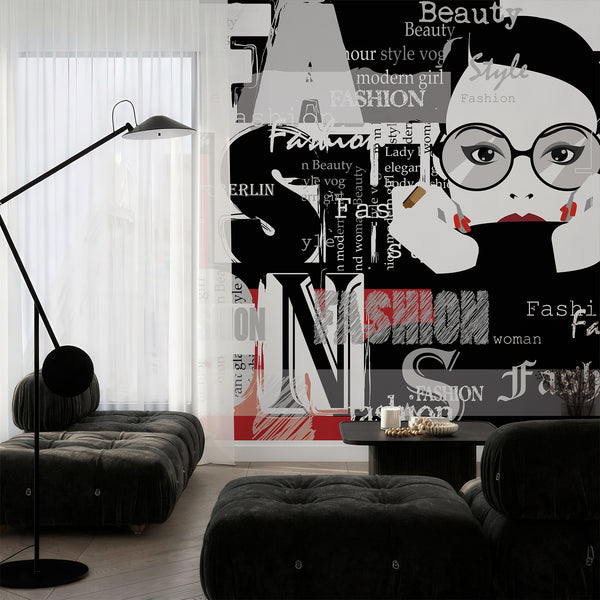 Fashion collage wallpaper with black background, white typography, red accents and a chic woman illustration, ideal for boutique or salon decor.