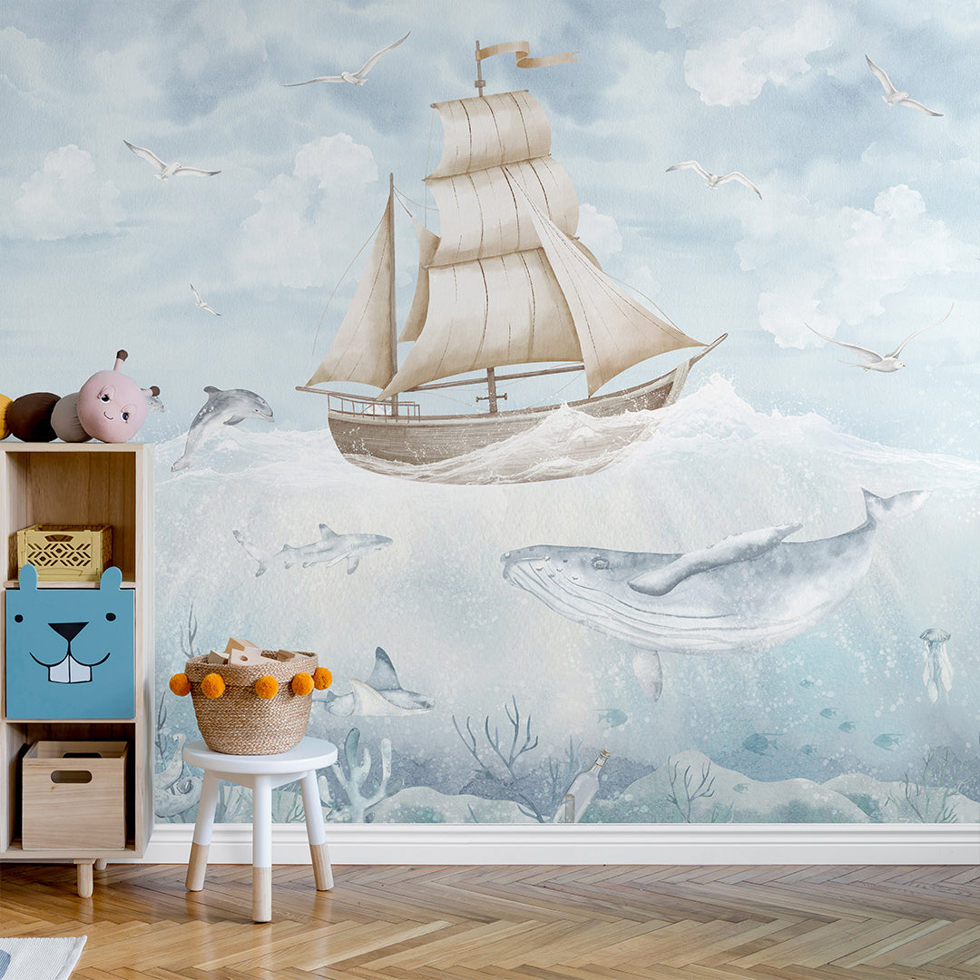 Blue Beige Sailboat & Whale Wall Mural AM152