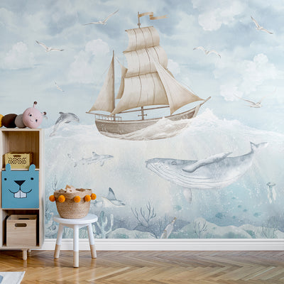 Blue Beige Sailboat & Whale Wall Mural AM152