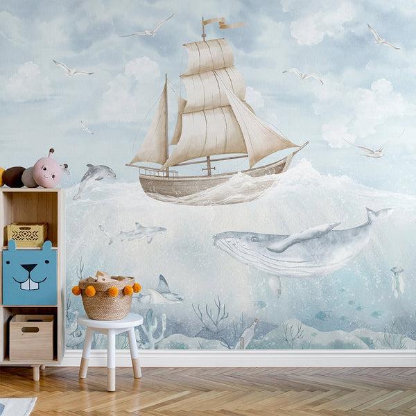 Blue Beige Sailboat & Whale Wall Mural AM152 - CostaCover-Peel and stick Removable Wallpaper-accent wallpaper-adhesive wallpaper-baby bedroom