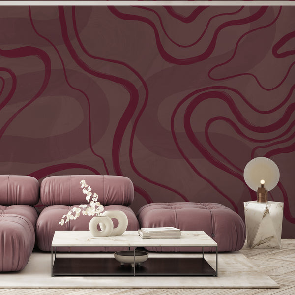 Modern abstract wallpaper with sweeping burgundy curves and dusty mauve textured shades, perfect for a dramatic living room or bedroom accent wall.