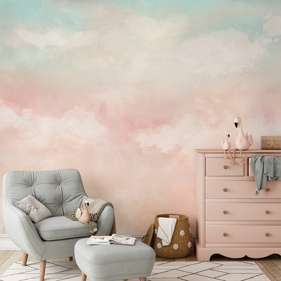 Mint & Pink Sky and Clouds Wall Mural WM089