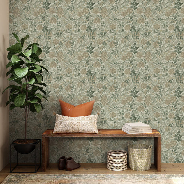 Olive Green Jasmine by Morris Wallpaper W108 - CostaCover - Peel and stick Removable Wallpaper - abstract floral - abstract wall art - abstract wallpaper