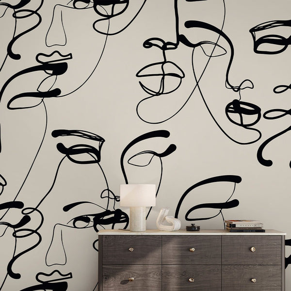 Beige & Black Female Faces Wall Mural AM073 - CostaCover - Peel and stick Removable Wallpaper - about walls - Abstract - Abstract Labyrinth Lines