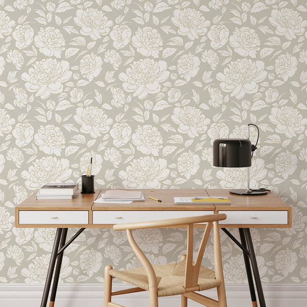 Warm Gray Peony Flowers Wallpaper CC299 - CostaCover - Peel and stick Removable Wallpaper - Abstract - abstract floral - abstract lines