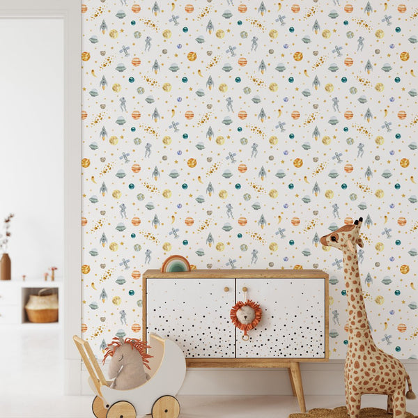 Watercolor Space Wallpaper W079 - CostaCover - Peel and stick Removable Wallpaper - adhesive wallpaper - Aqua blue wallpaper - astronaut