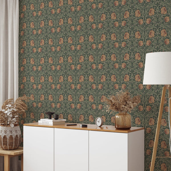 Orange & Green Pimpernel by Morris Wallpaper W081 - CostaCover - Peel and stick Removable Wallpaper - abstract floral - abstract wall art - abstract wallpaper