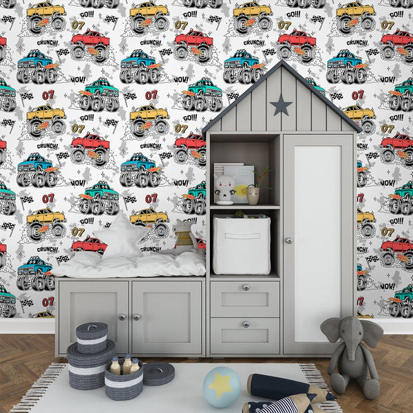Сolored Monster Truck Cars Wallpaper CC316 - CostaCover - Peel and stick Removable Wallpaper - abstract wall art - abstract wallpaper - accent wallpaper
