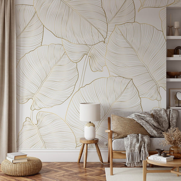 White Gold Effect Leaves Wall Mural CCM181 - CostaCover - Peel and stick Removable Wallpaper - Abstract - Abstract Beige Gold Stripes Waves Removable Wallpaper near me - abstract floral