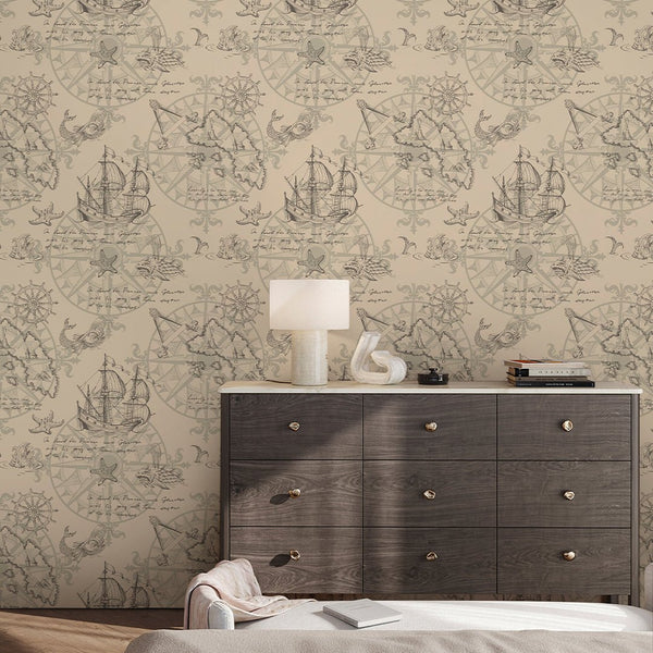 Vintage Nautical Map Wallpaper A091 - CostaCover-Peel and stick Removable Wallpaper-abstract wall art-abstract wallpaper-accent wallpaper