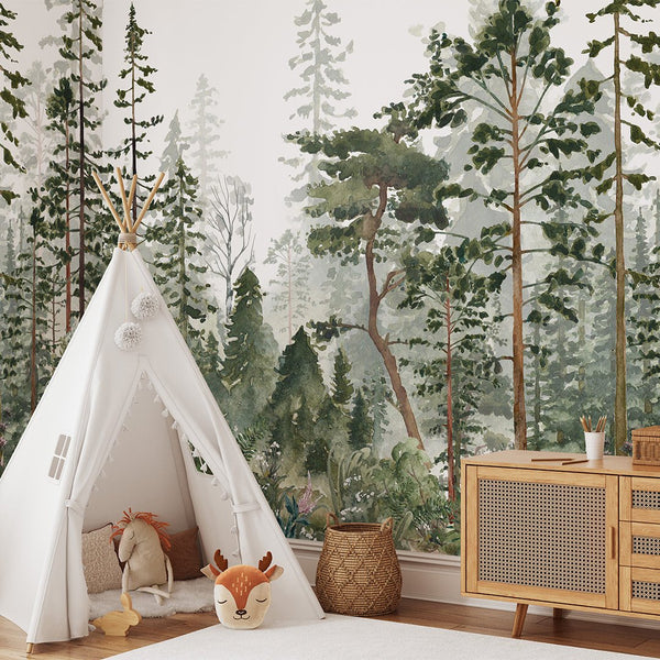 Green Pine Tree Forest Wall Mural WM050 - CostaCover - Peel and stick Removable Wallpaper - abstract wallpaper - adhesive wallpaper - baby bedroom