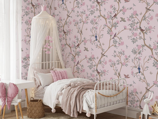 Pink Blossom Trees & Birds Wallpaper W059 - CostaCover - Peel and stick Removable Wallpaper - accent wallpaper - adhesive wallpaper - baby bedroom