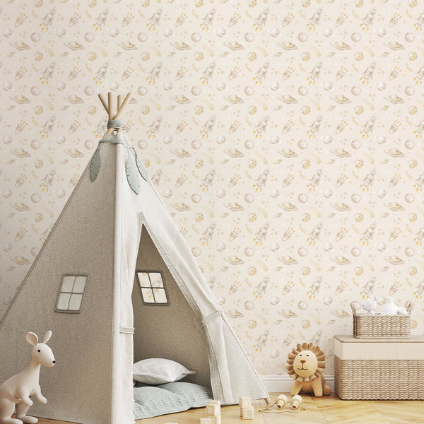 Beige Spaceships & Planets Wallpaper S121 - CostaCover-Peel and stick Removable Wallpaper-accent wallpaper-adhesive wallpaper-baby bedroom