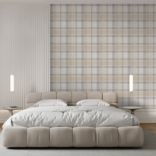 Neutral tartan wall mural with warm cream, beige and muted blue gray tones, adding timeless country cottage character to a bedroom or home office.