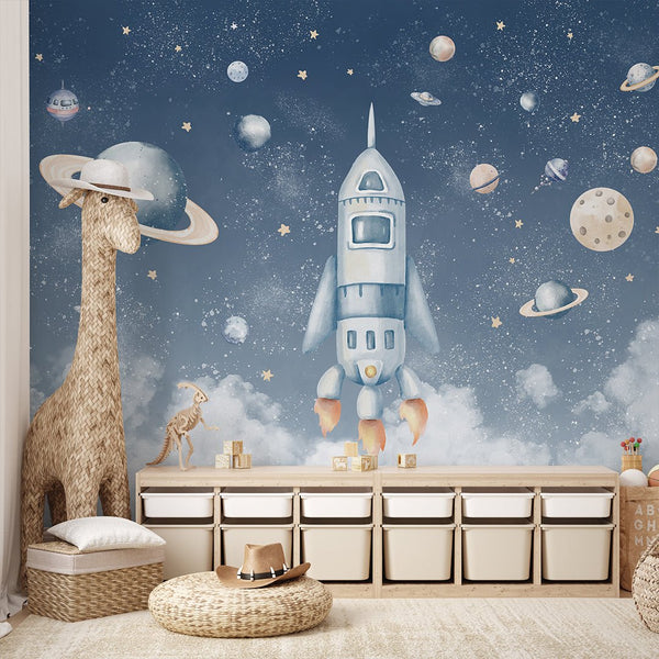 Blue Spaceship & Planets Wall Mural SM090 - CostaCover - Peel and stick Removable Wallpaper - accent wallpaper - adhesive wallpaper - baby bedroom